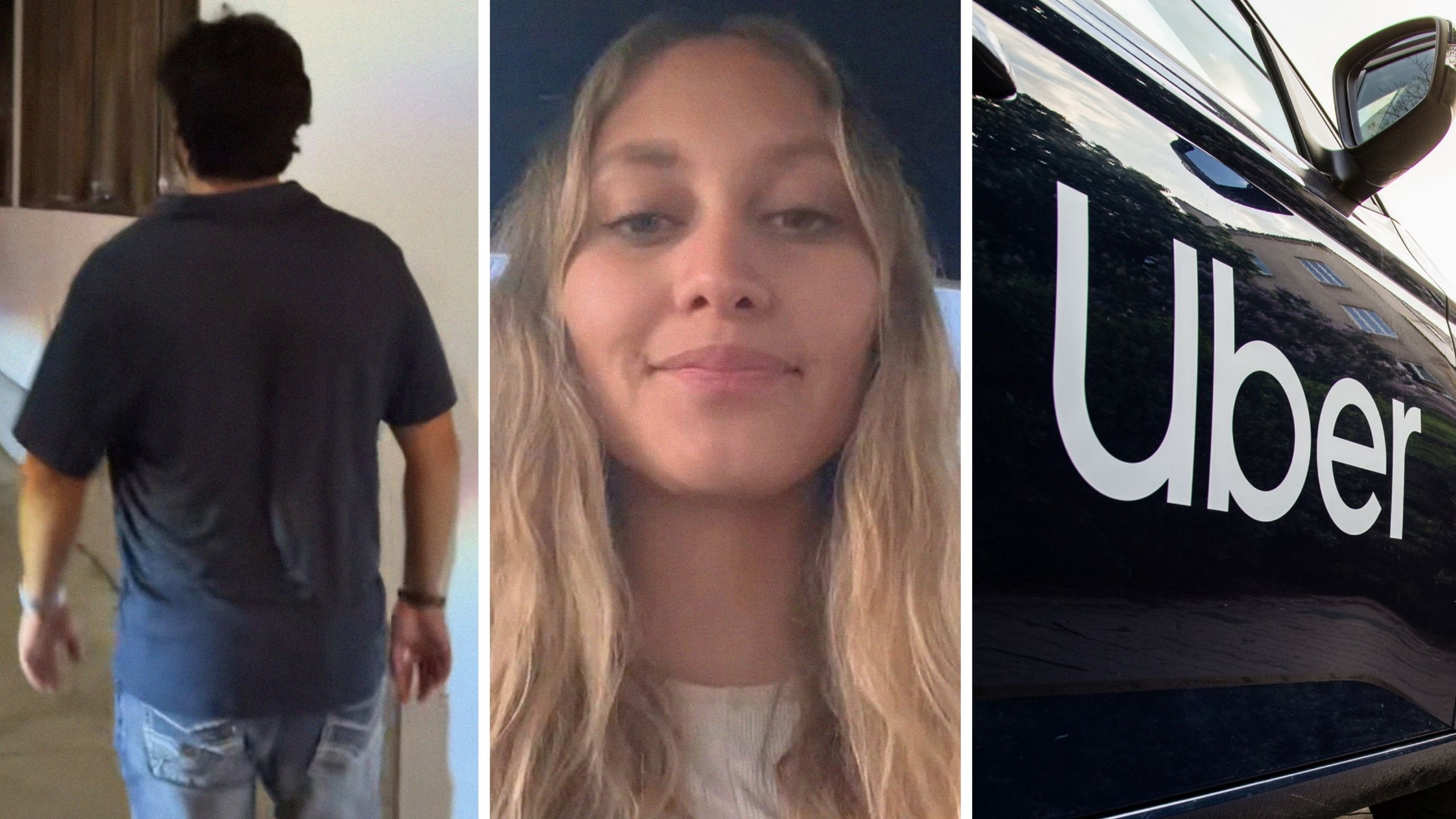 man walking away (l) woman shares night out experience (c) Uber car (r)