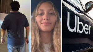 man walking away (l) woman shares night out experience (c) Uber car (r)
