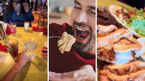 man eating out with a woman (l) man eating chicken fajitas (c) Fajitas order (r)