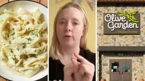 fettuccini alfredo (l) woman shares olive garden experience (c) Olive Garden entrance (r)
