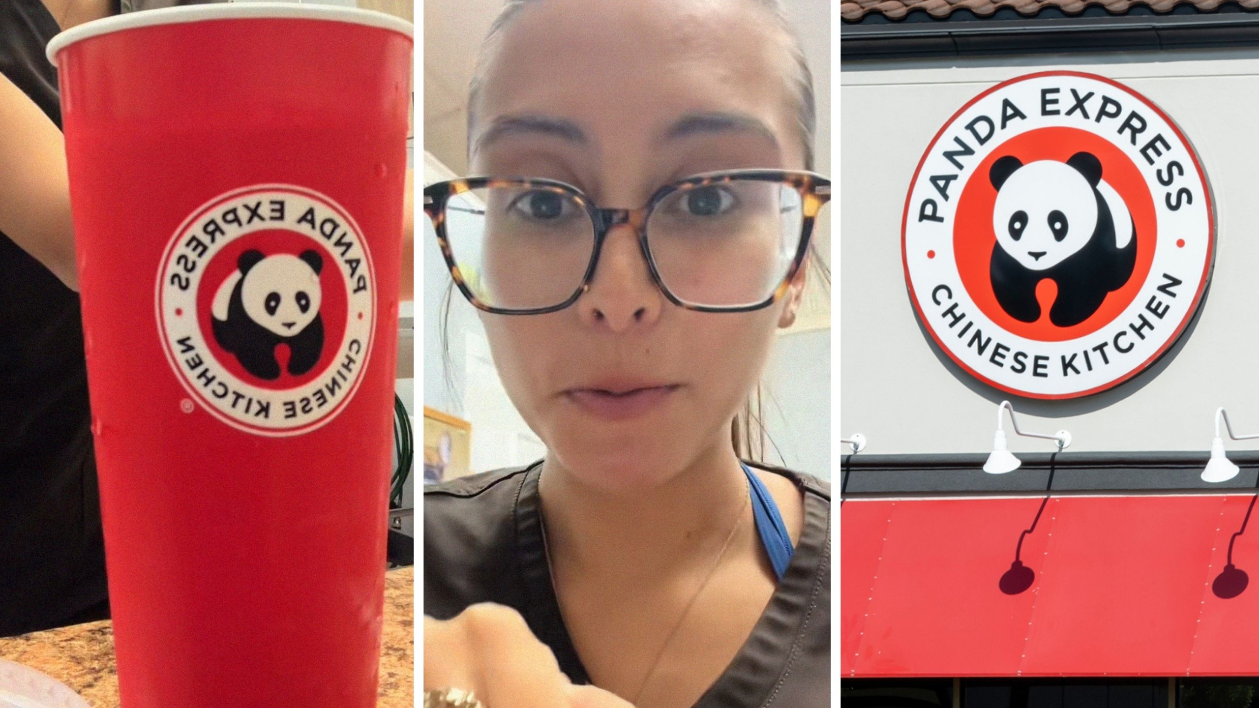 Panda express soda drink (l) woman shares drink issue (c) Panda express entrance (r)