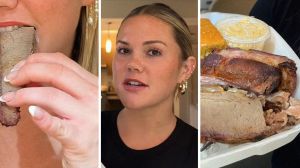 woman eating meat (l) woman shares food review (c) brisket combo (r)