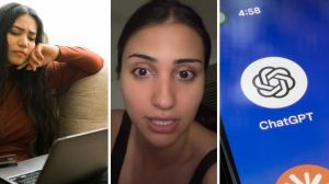 concerned woman (l) woman shares ChatGPT experience (c) ChatGPT app (r)
