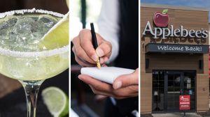 margarita glass (l) server writing drink orders (c) Applebee's entrance (r)