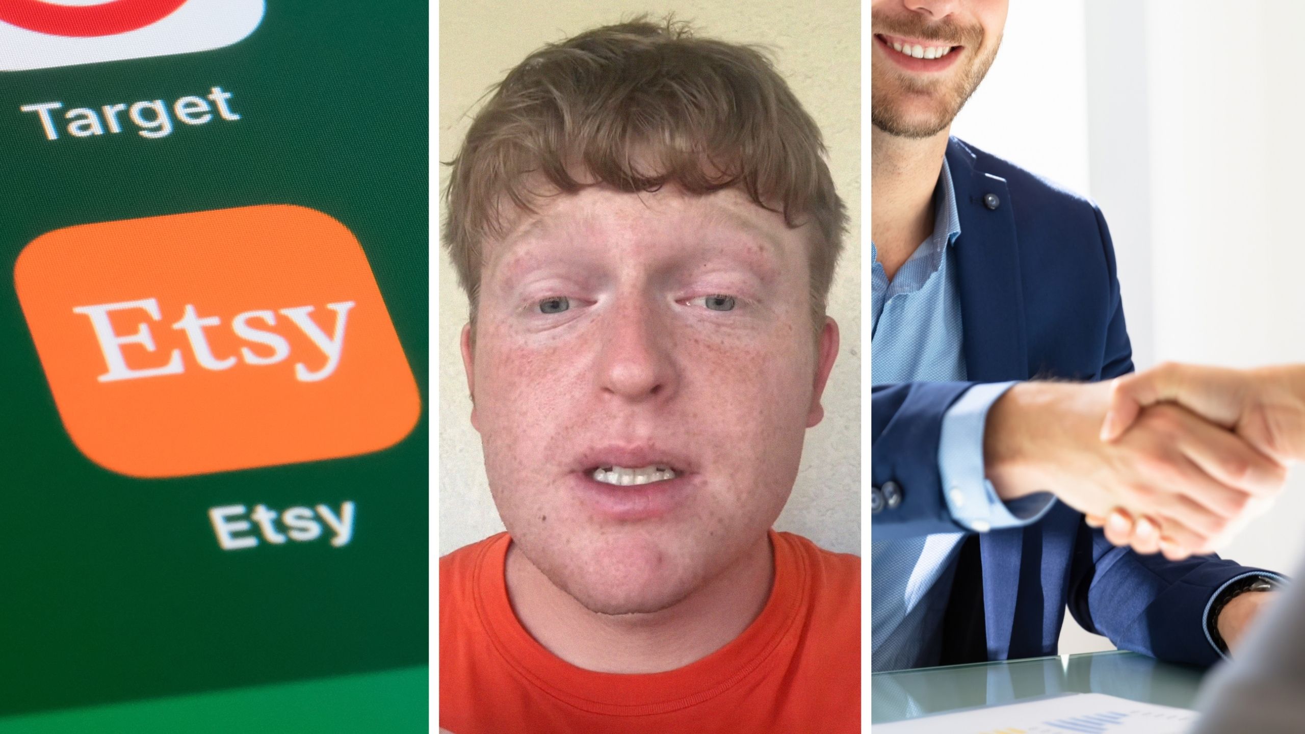 etsy app (l) man shares etsy witch experience (c) job interview (r)