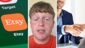 etsy app (l) man shares etsy witch experience (c) job interview (r)