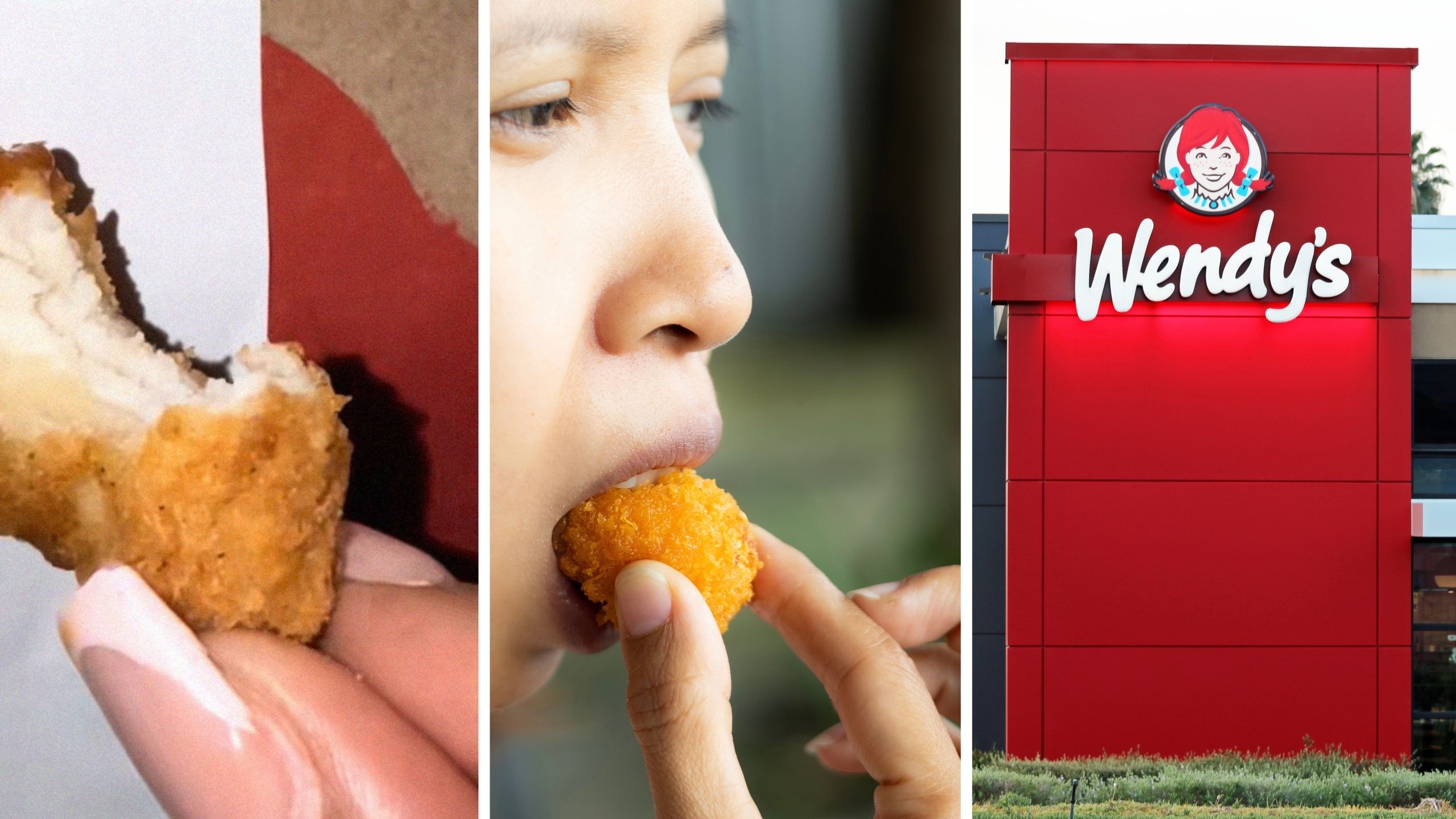 chicken nugget (l) woman eating chicken nugget (c) Wendy's entrance (r)