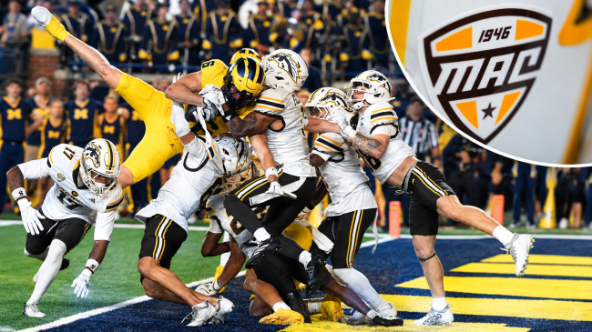 Michigan wide receiver JJ Buchanan (6) catches a Hail Mary pass for a touchdown with no time on the clock to beat Western Michigan at Michigan Stadium. A separate photo of Western Michigan's helmet is placed in the top right corner of the image.