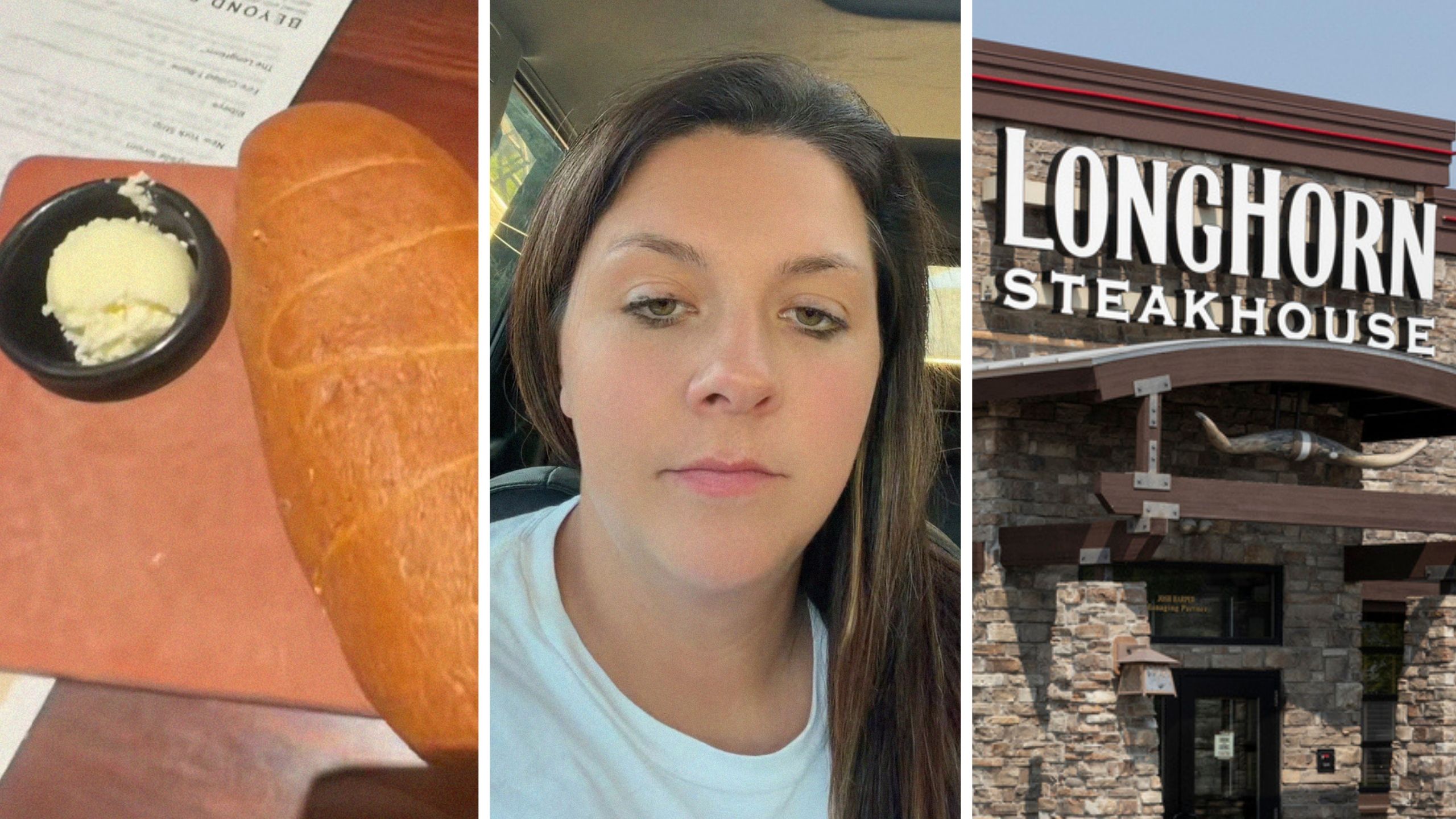 bread and butter (l) woman shares Longhorn Steakhouse bread observation (c) LongHorn Steakhouse entrance (r)