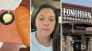 bread and butter (l) woman shares Longhorn Steakhouse bread observation (c) LongHorn Steakhouse entrance (r)