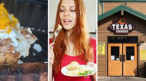 baked potato and steak (l) woman eating baked potato (c) Texas roadhouse entrance (r)