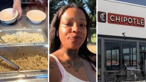 cilantro rice (l) woman shares chipotle hack (c) Chipotle entrance (r)