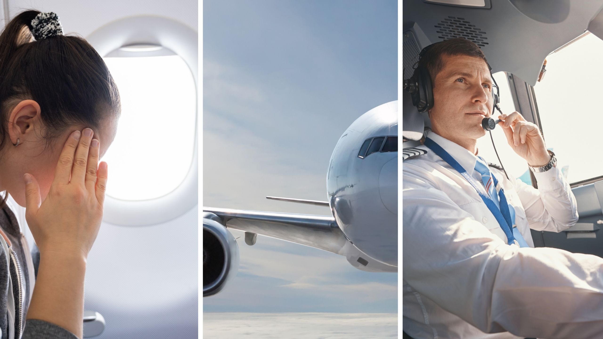 stressed woman inside plane (l) plane on the go (c) plane pilot (r)