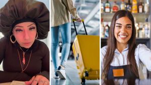 woman shares airport bar experience (l) woman at airport (c) airport bartender (r)