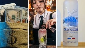 bag of cash (l) woman making cocktail (c) Grey Goose Vodka (r)