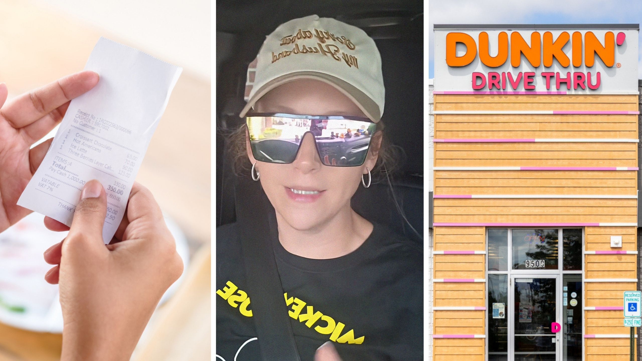 paper receipt (l) woman shares Dunkin' donuts experience (c) Dunkin' donuts drive-thru (r)