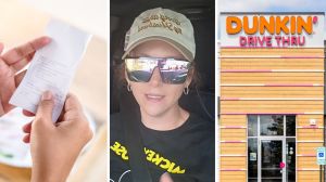 paper receipt (l) woman shares Dunkin' donuts experience (c) Dunkin' donuts drive-thru (r)