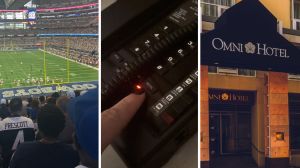 football stadium (l) woman on hotel phone (c) Omni hotel entrance (r)