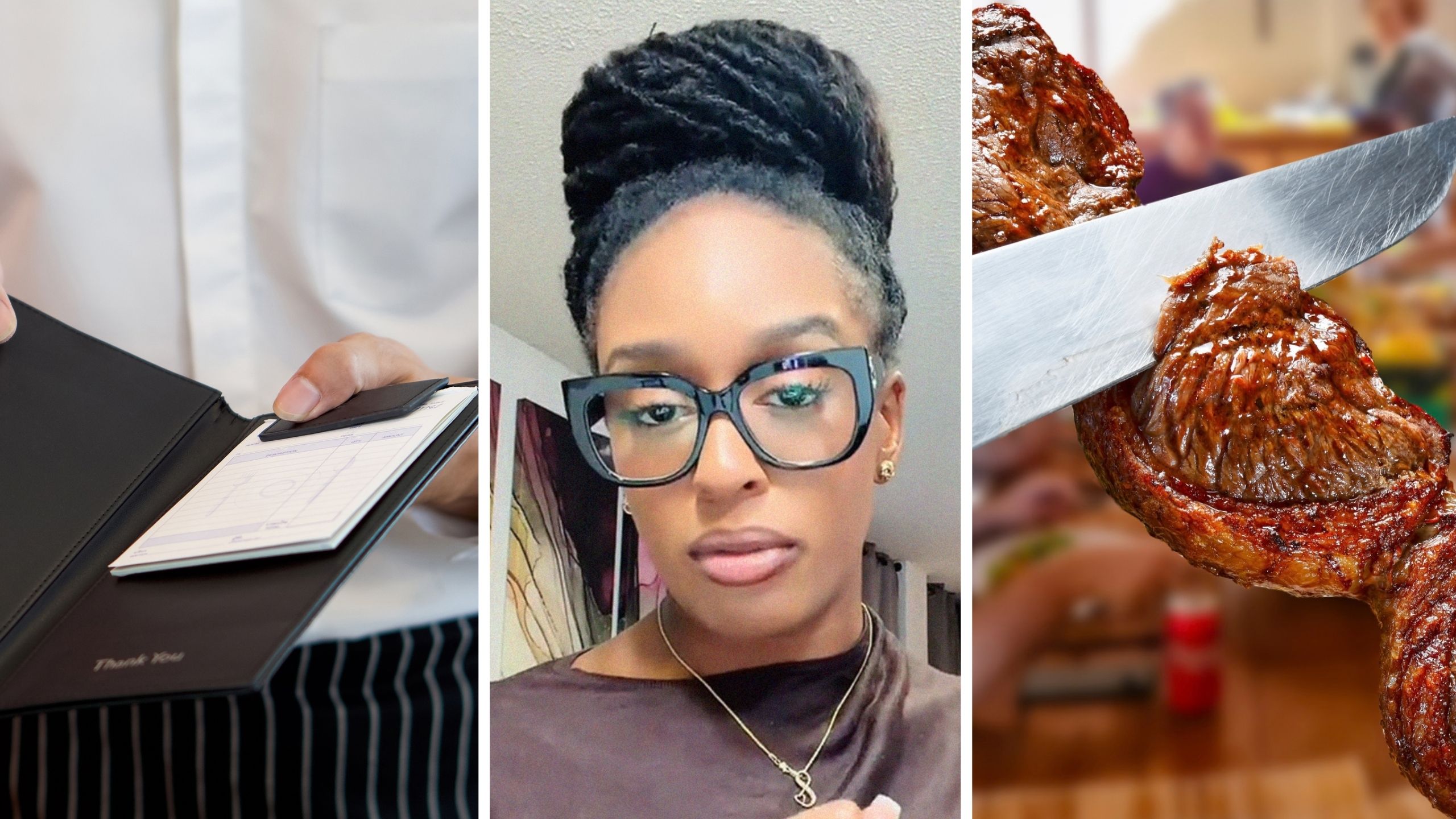 restaurant bill (l) woman shares dining out experience (c) Brazilian steakhouse (r)