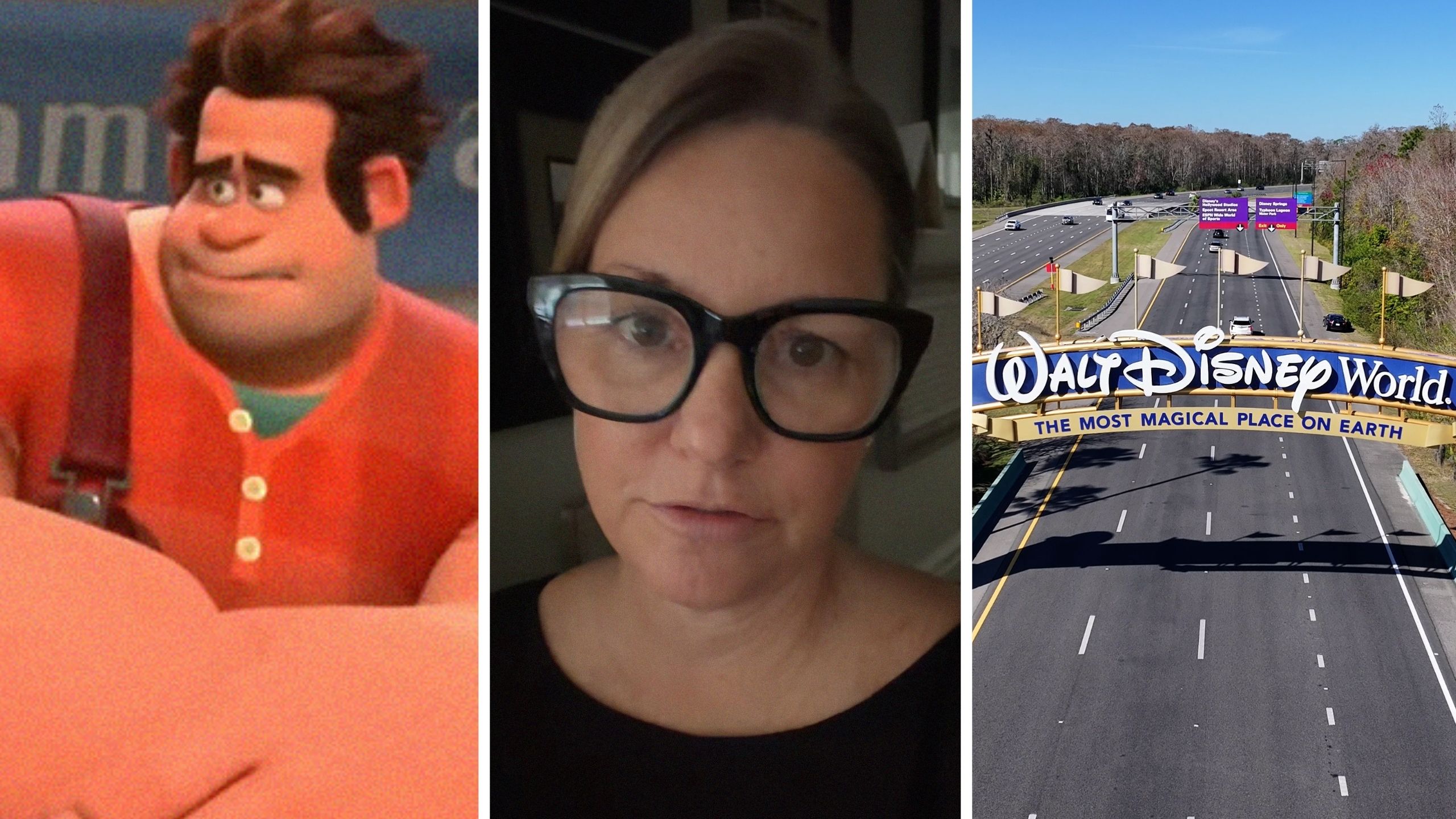 Wreck it Ralph (l) woman shares Disney observation (c) Disney World entrance (r)