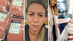 ground meat (l) woman shares meat observation (c) Woman goes shopping for ground meat (r)