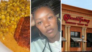 corn and salmon order (l) woman reviews the cheesecake factory order (c) The cheesecake factory entrance (r)