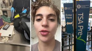 TSA officer checking bag (l) woman shares TSA experience (c) TSA entrance (r)