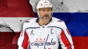 Alex Ovechkin over flags of Latvia and Russia