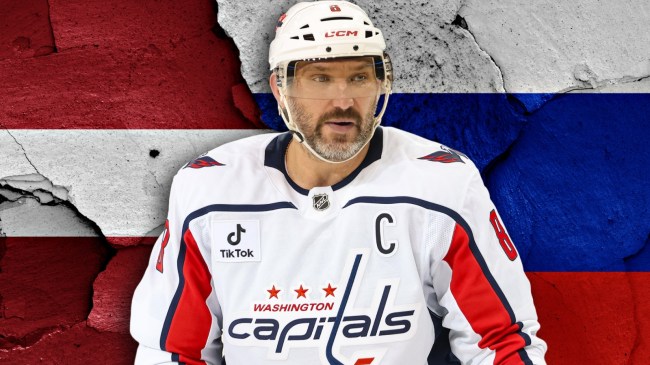 Alex Ovechkin over flags of Latvia and Russia