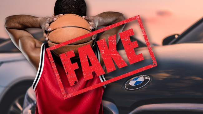 Fake stamp over basketball player next to a BMW