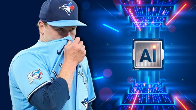 Toronto Blue Jays pitcher Louie Varland next to AI graphic