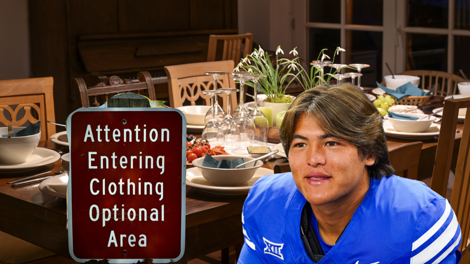 BYU Cougars quarterback Bear Bachmeier in front of a large wooden dinner table and a 'clothing optional' sign