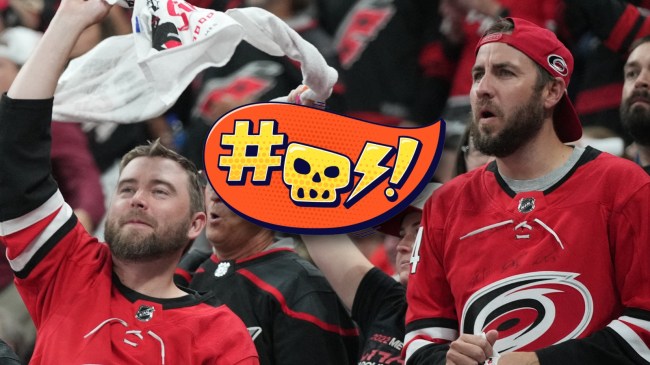 Carolina Hurricanes fans next to speech bubble with censored swear word