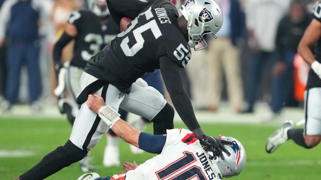 Chandler Jones stiff arms Mac Jones