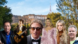 Collage of celebrity lookalikes in front of the iconic Hollywood sign in Los Angeles