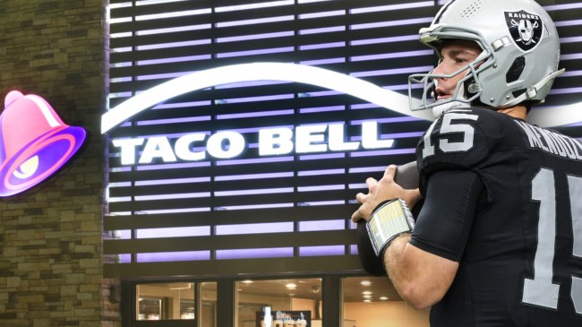 Raiders QB Fernando Mendoza next to Taco Bell