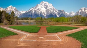 Grand Teton National Park background with a baseball diamond in the forefront