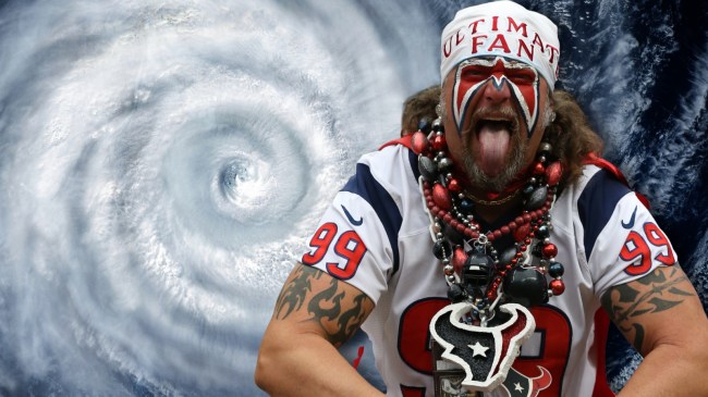 Houston Texans fan next to tropical storm