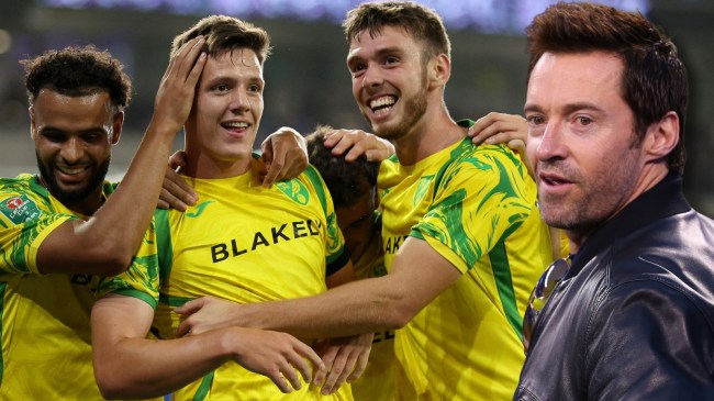 Hugh Jackman next to Norwich City soccer players