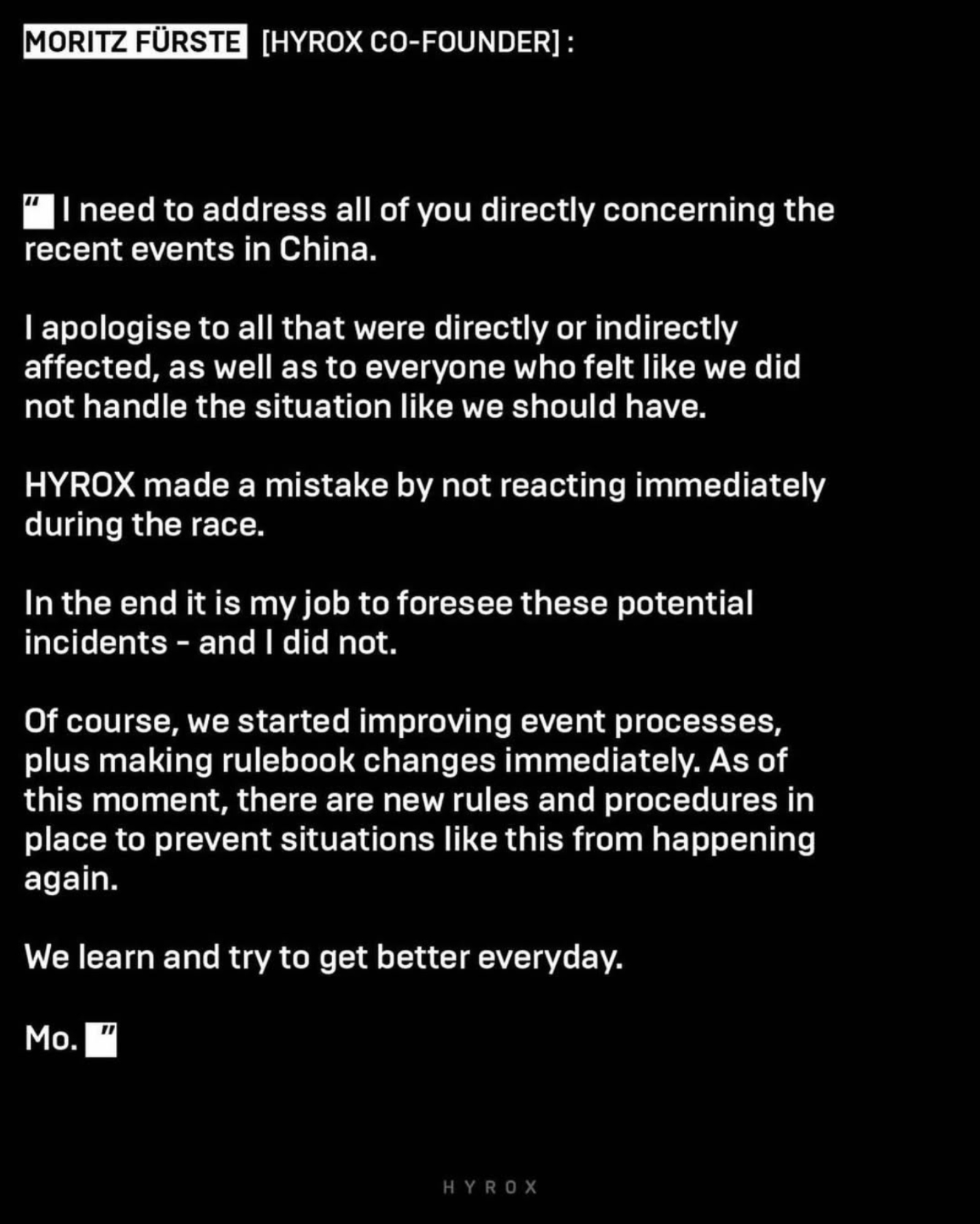 Hyrox co-founder Mo Fuerte releases statement following Hyrox Beijing incident