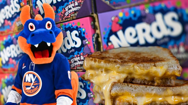Islanders mascot Sparky next to grilled cheese and boxes of Nerds candy
