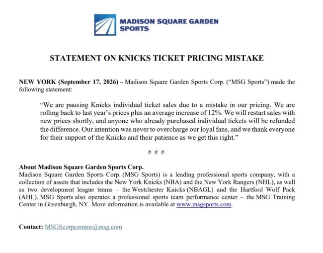 Knicks ticket prices statement