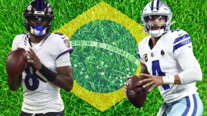Lamar Jackson and Dak Prescott over Brazil flag on field