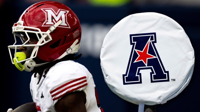 Miami RedHawks football player next to AAC logo