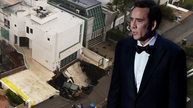 Nicolas Cage next to sinkhole in front of his home in Malibu, California