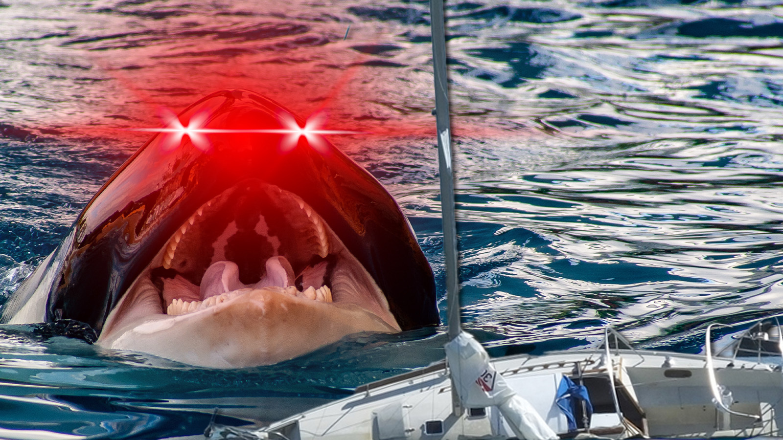 Orca whale with laser eyes closing in on a sinking sailboat