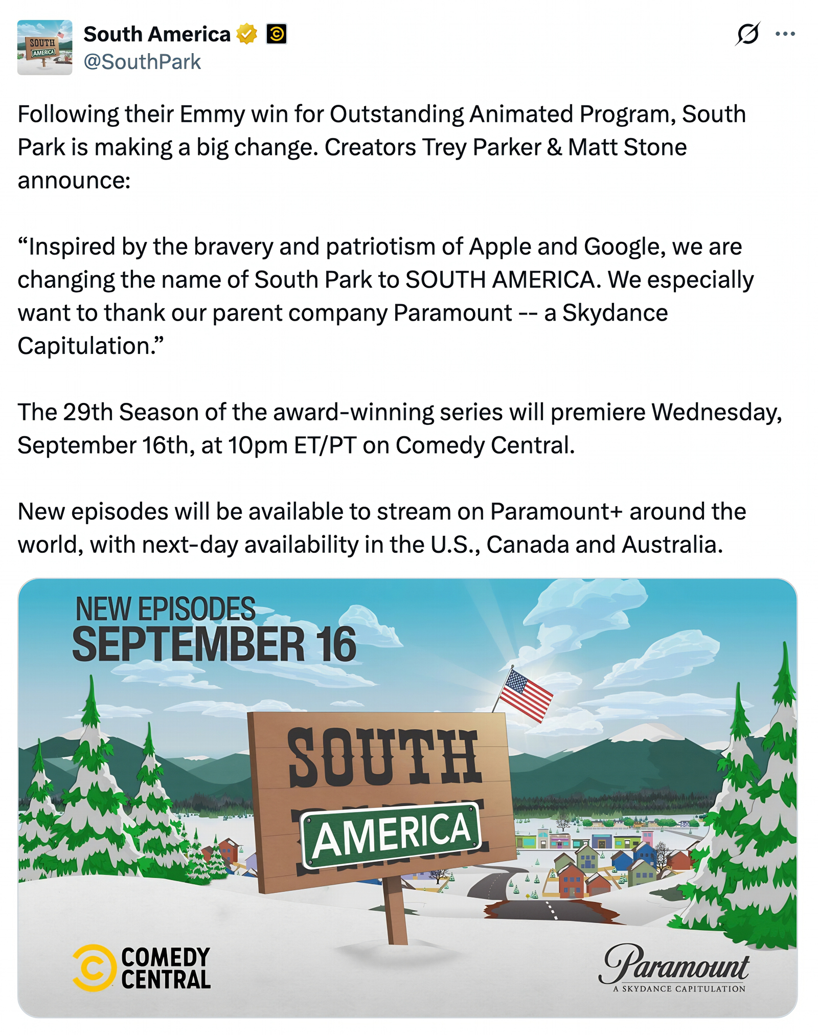 South Park co-creators announce show's name change to South America