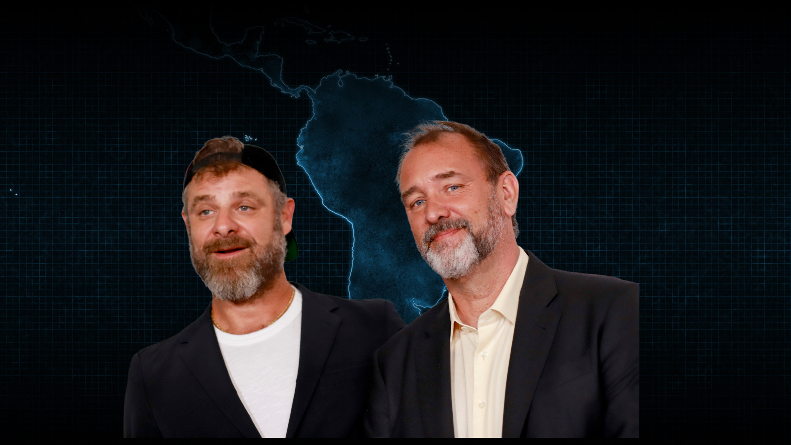 South Park co-creators Trey Parker and Matt Stone in front of South America map