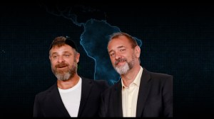South Park co-creators Trey Parker and Matt Stone in front of South America map