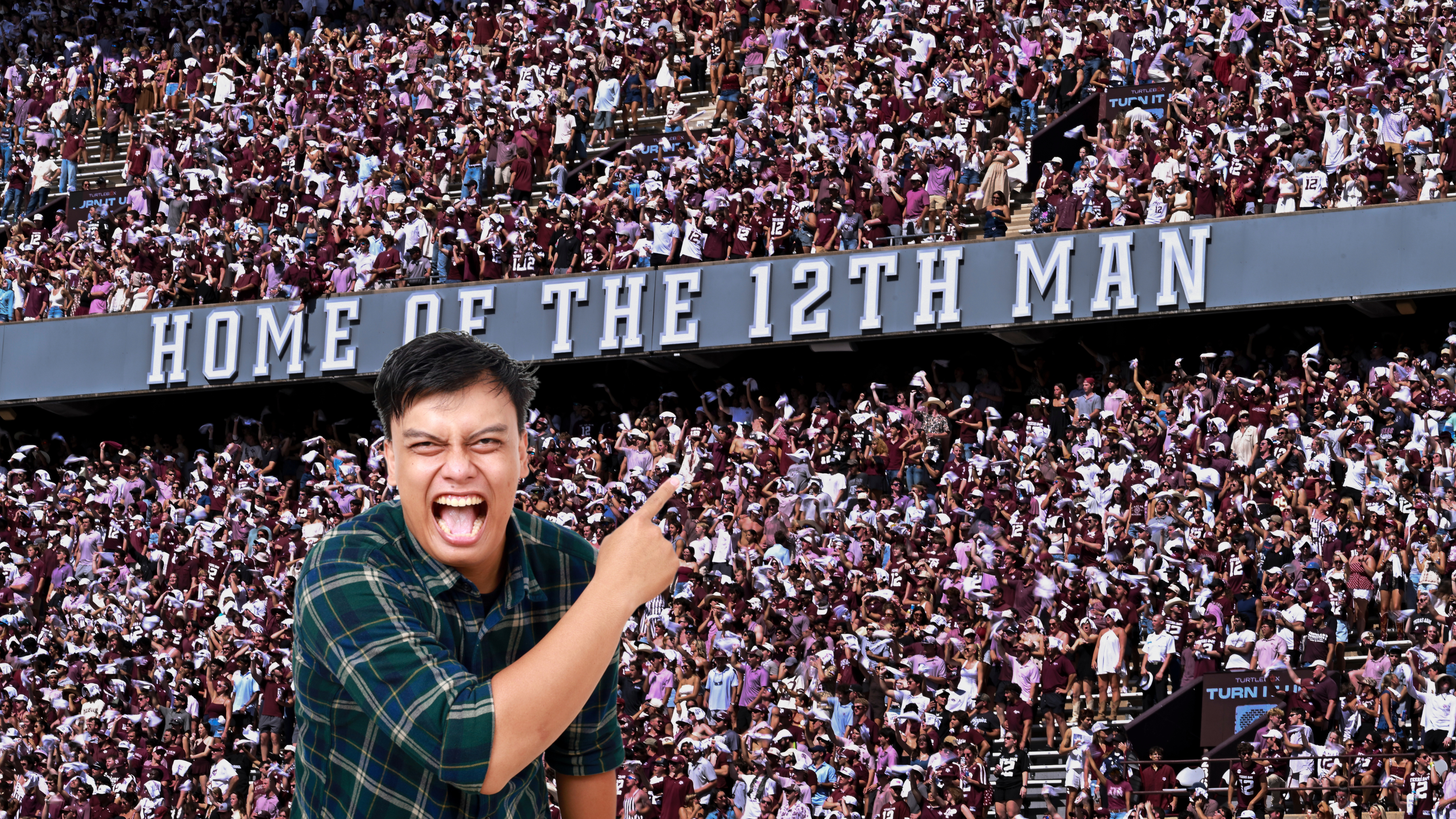 Texas A&M home of the 12th Man Kyle Field next to man pointing and laughing